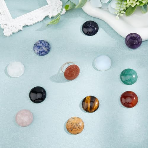 SUPERFINDINGS 12Pcs 12 Styles Natural Cabochon Gemstone 25mm Half Round Dome Flatback Quartz Stone for Necklace Jewelry Making DIY Craft Handmade - size: 25mm