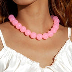 Colorful Chunky Beaded Necklace for Women Acrylic Bead Choker Necklaces Fashion Large Round Beads Necklaces for Women Handmade Summer Jewelry - color: Pink Beaded Necklace
