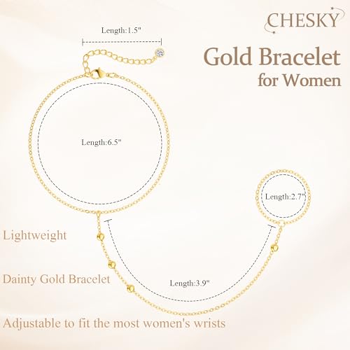 CHESKY 14K Gold Plated Hand Chain Bracelets for Women Set - Dainty Finger Ring Bracelet Stack Adjustable Hand Chains Durable Beaded Bracelets Trendy Simple Body Jewelry Gift for Women - style: 2chain bead bracelet-gd
