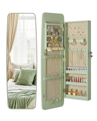 Nicetree Mirror Jewelry Cabinet, Rounded Jewelry Armoire Organizer, Wall or Door Mounted Jewelry Organizer with Storage, Lockable Wide Mirror with Jewelry Storage, Green - color: Green, size: 3.78''D x 13.1''W x 40.75''H