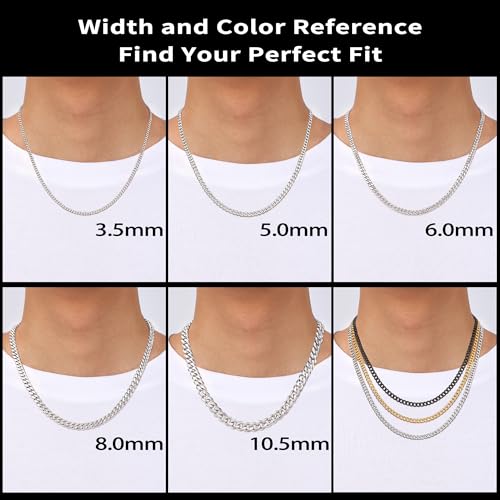 Fiusem 3.5mm Cuban Link Chains for Men, Silver Tone/Black/14K Gold Plated Stainless Steel Necklace Chain, Mens Necklace 16, 18, 20, 22, 24, 26, 28 Inch - size: 26 Inches, style: a.3.5mm width-steel