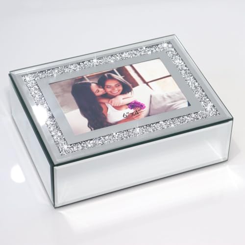 QMDECOR Crushed Diamond Mirrored Jewelry Box with Photograph 4x6 Inch on Top, Silver Glass Bling Jewelry Organizer Photo Picture Frame Storage Box for Gift - color: bling silver with photo