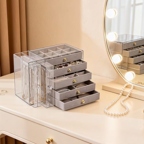 Greenfeather Jewelry Organizer with 7 Removable Drawers, Clear Acrylic Jewelry Box with 16 Necklace Hooks 48 Pairs of Earring Holes 5 Velvet-Lined Drawers for Rings Bracelets Necklaces - color: Gray-Style B