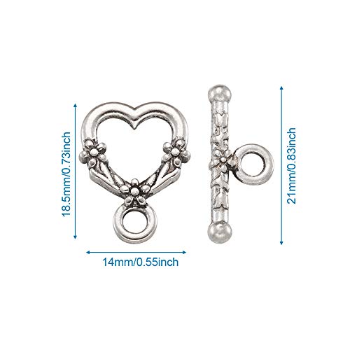 Craftdady 20 Sets Antique Silver Heart Toggle Clasps Tibetan T Bar Closure End Clasps for Bracelet Necklace Making - color: Antique Silver, 18.5x14mm