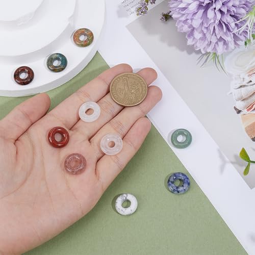 10Pcs 10 Style Natural Donut Charm 15mm Mixed Gemstone Hollow Circle Pendants Flat Round Disc Pendants Large Hole Charms Dangle Charm for Jewelry Making Necklace Bracelet Earring Supplies - size: 15x5mm