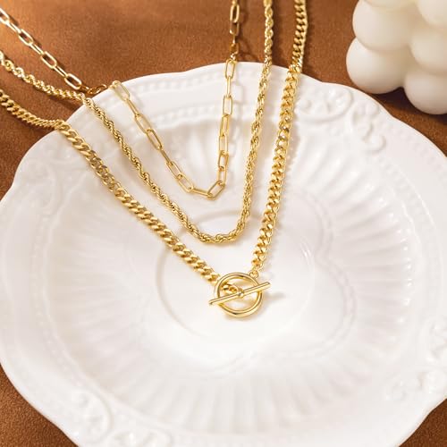 Carffordo Gold Plated Necklaces for Women - Dainty Layered 14K Gold Plated Stack Paperclip Rope Cuban Toggle Link Chain Choker Necklace Set Chunky Trendy Jewelry Gift - style: Layered-Necklace