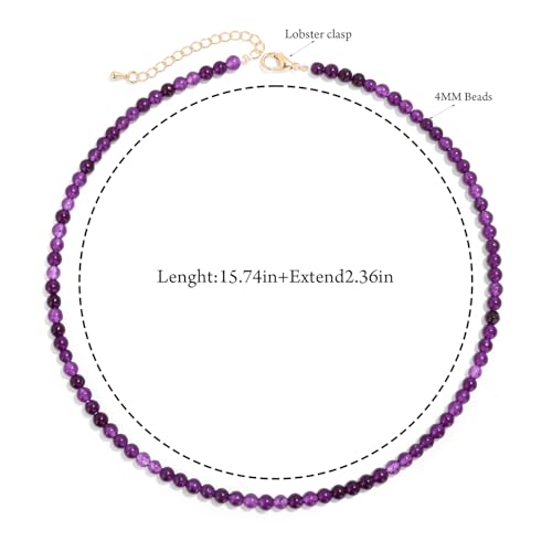 Crystal Choker Necklaces for Women,4mm Handmade Natural Stone Choker Beaded Necklace Healing Crystal Necklace Gemstone Bead Necklaces for Women - color: Amethyst