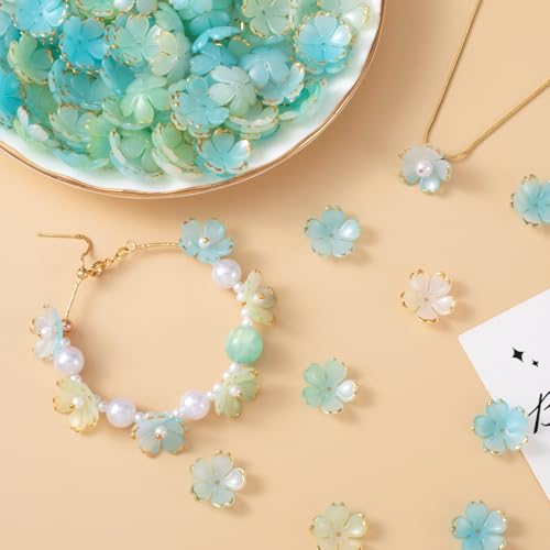 100pcs Cherry Blossom Beads, 5-Petal Gradient Acrylic Flower Beads, Mini Spacer Hair Accessories Halloween Christmas for Bracelets Earring Jewelry Making- Blue & Green - color: Blue & Green