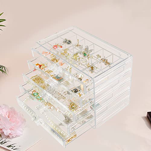 Weiai Clear Acrylic Jewelry Organizer, 90 Grids Adjustable Dividers Earrings Rings Storage Box - size: 5 Drawers