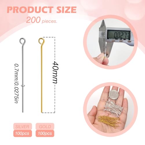 TOAOB 200pcs 40mm Eye Pins for Jewelry Making Gold Silver Brass Wire Open Head Pins Findings for DIY Crafts Necklaces Bracelets Earrings - size: 40mm