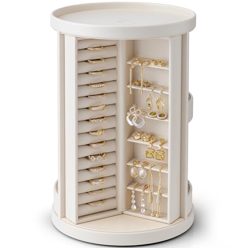VLANDO 360°Rotating Jewelry Box,Earring Organizer Large Vertical Jewelry Organizer with 6 Necklace Hooks, Open Ring Display Storage for Women - Cream White - color: Cream White