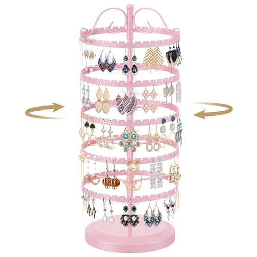 LASZOLA 5 Tier Pink Earring Holder Organizer Tree Women Display Storage for Stud and Hoop, Large Cool Rotating Clip Stand for Pierced and Dangle Earring, Vertical Metal Tower Carousel with 400 Holes - color: Pink, size: 5 Tier, 400 Holes