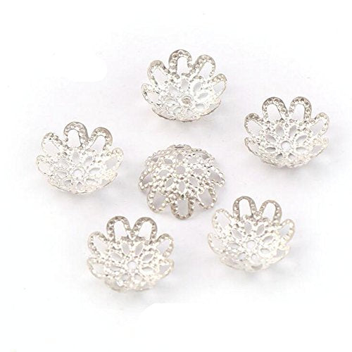 500PCS 10mm Gold Tone Flower Bead Caps Hollow Flower Bead Caps for Jewelry Making (Silver) - color: silver