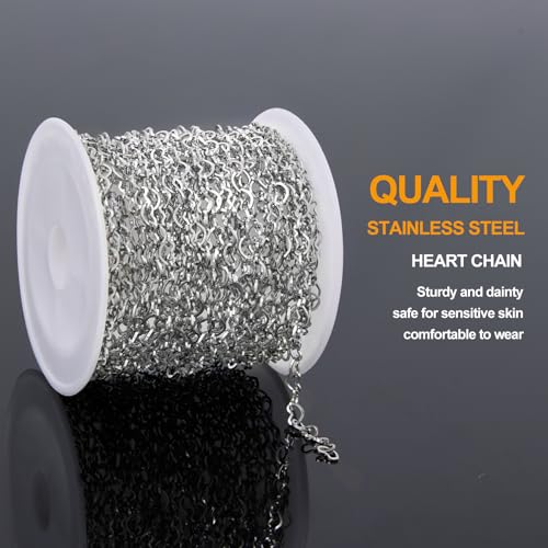 KYUNHOO 16.4FT/5M Stainless Steel Silver Chains for Crafts DIY Supply Jewelry Findings Hollow Heart Chain for Jewelry Making with Lobster Clasps Jump Rings - color: Heart Silver