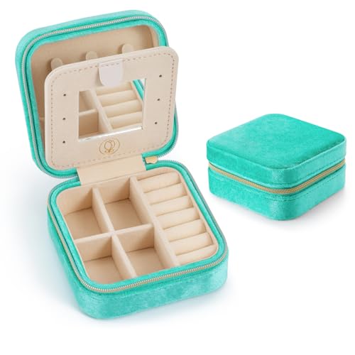 Plush Velvet Jewelry Travel Case,Small Jewelry Box,Traveling Jewelry Organizer, Portable Jewellery Storage Holder for Rings Earrings Necklace Bracelet, for Girls Women | CyanBlue-With Mirror - color: V1 - CyanBlue