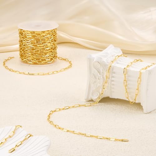 5 Meters Stainless Steel Chains Bulk on Spool Paperclip Link Chain for Jewelry Making with Jump Rings and Lobster Clasps - color: Paperclip Gold