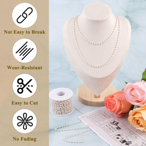 Lainballow 49Ft 3mm Pearl Beads Chain Faux Pearl Beads for Crafts Pearls Garland with Gold Plated Stainless Steel Link Chain Artificial Pearls Chain Trim for Bracelet Necklace Wedding Christmas Party