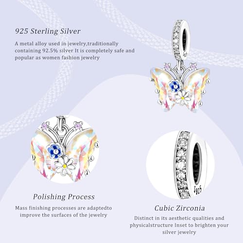 925 Silver Charms Pendants For Pandora Bracelet Golden charms Bead Safety Chain Clip set Heart Flower Animal Beads Family, Mom, Friend, Daughter, Birthday, Jewelry Gift - style: G-Colorful Butterfly