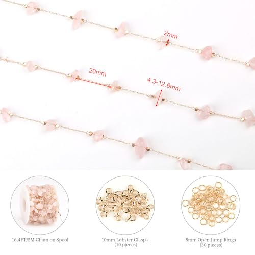 KYUNHOO 5 Meters Brass Jewelry Making Chains Light Pink Natural Gemstone Supplies Gold Plated Chain Bulk for DIY Jewelry Findings - color: Natural Stone-Light Pink