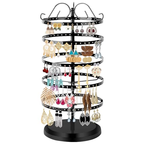 5 Tier 360 Rotating Earring Holder Organizer Stand, Jewelry Tree Rack, 220 Holes Display Storage for Stud Hoop Earrings, Vintage Metal Design, Space Saving Table Decor - color: Metal,5-Tier,Black