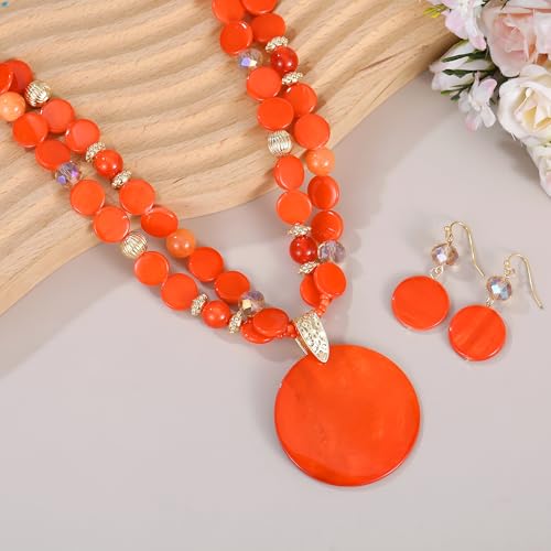 Layered Beads Statement Fashion Necklace Chunky Jewelry Set Big Colorful Glass Stone Circle Shell Pendant Choker Necklace and Earring Set for Women - color: Orange
