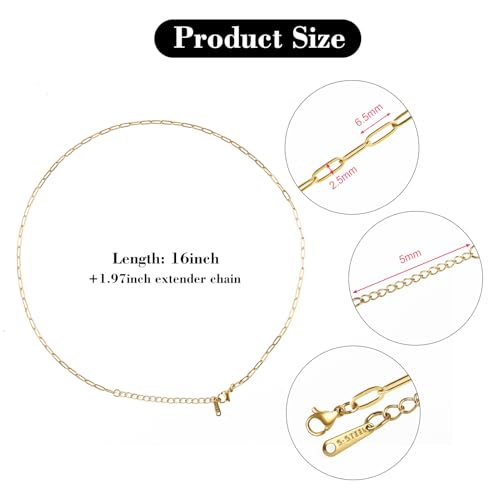 YOUBEIYEE 10pcs Paperclip Chain Necklace for Women Dainty Gold Plated Stainless Steel Jewelry Chain Necklace Bulk - color: Gold, size: 16inch (2.5x6.5mm)