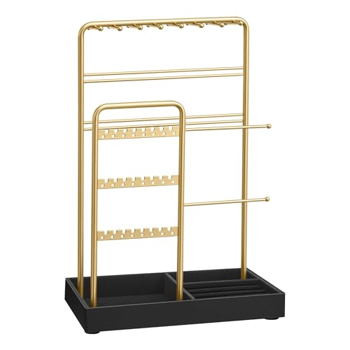 SONGMICS Jewelry Holder, Jewelry Organizer Display Stand with Metal Frame, Velvet Tray, Necklace Earring Bracelet Holder, for Studs, Rings, Gift Idea, Pale Gold and Ink Black UJJS021AB02 - color: Pale Gold + Ink Black, size: 4.5"D x 7.7"W x 12.1"H