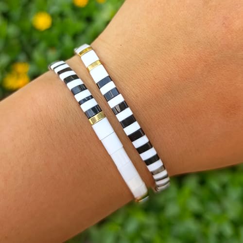 Tila Flat Beaded Bracelet for Women,Bohemian Colorful Stretch Square Glass Bead Elastic Layred Bracelet Stack, Handmade Boho Trendy Holiday Jewelry Accessories Friendship Gift - color: Black White