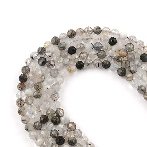 120pcs 3mm Natural Black Rutilated Quartz Gemstone Beads Faceted Round Loose Stone Beads for Jewelry Making (1 Strand) - color: Black Rutilated Quartz, size: 2.8-3.3mm