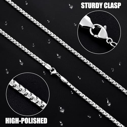 Fiusem Flat Box Chains for Men, 2.5/3/4/4.5/5mm Silver Tone Box Chain Necklace, Stainless Steel Necklaces for Men and Women 16-28 Inches, Jewelry Gift - size: 26 Inches, style: Silver 4MM