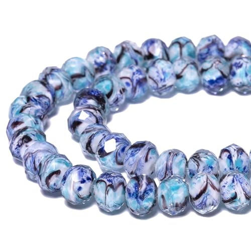 7.5×10mm 50pcs Light Blue Dark Blue Stripe Faceted Lampwork Glass Beads for Jewelry Making, Flat Round Handmade Murano Beads for Bracelets, Crafts, Friendship Bracelet Kit, Rosary Making - color: Light Blue Dark Blue Stripe