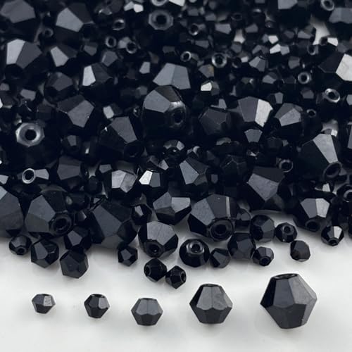 1310pcs Bicone Crystal Glass Beads 2mm 3mm 4mm 6mm 8mm Faceted Crystal Spacer Beads for Bracelets Necklace Pendants Earrings DIY Jewelry Craft Making(Black) - color: Black