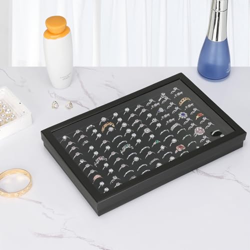 KUKUVR 100 Slots Ring Earring Holder Display Case, Velvet Jewelry Ring Earring Storage Organizer Box Tray with Clear Lid for Women And Selling Show (Black) - color: Black
