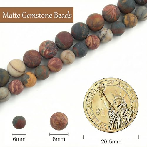 Stone Beads, 60pcs Matte Picasso Jasper, 6mm Round Loose Beads for Jewelry Making, Bracelets, with Bag, String & Card - color: Matte Picasso Jasper, size: 6mm