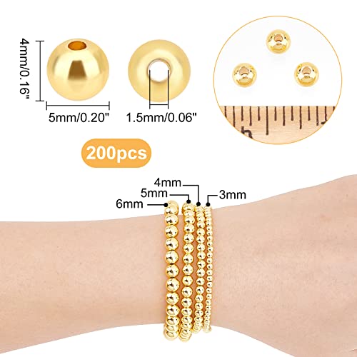 PH PandaHall 200pcs 5mm 18K Gold Beads Long-Lasting Bracelet Beads Round Smooth Spacer Beads Seamless Loose Ball Beads for Summer Hawaii Stackable Necklace, Bracelet, Earring Making - size: 5mm