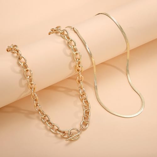 CHESKY 14K Gold Plated Chunky Necklace for Women, Trendy Paperclip Chain Necklace Thick Cross Heart Pendant Necklace Layered Herringbone Cuban Link Chain Toggle Necklaces Non Tarnish Jewelry - color: gold, style: paperclip+herringbone