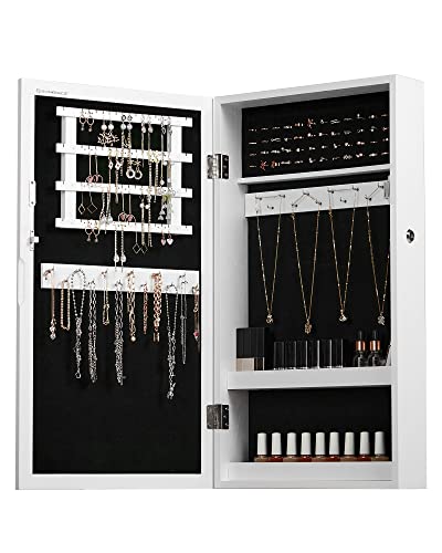 SONGMICS Lockable Jewelry Cabinet Armoire with Mirror, Wall-Mounted Space Saving Jewelry Storage Organizer, White UJJC51WT - color: White, style: Essential Capacity