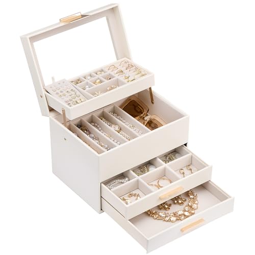 Lolalet Jewelry Box, Clear Window Jewelry Organizer with Drawer for Earrings Bracelets Necklaces Rings, Jewelry Storage for Women -White, 4 Layers - color: White, size: 4 Layers