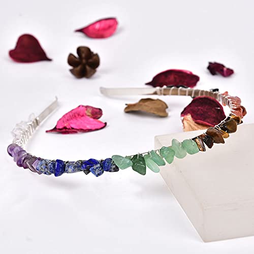 JIC Gem 7 Chakra Crystals Crown Raw Quartz Headband Handmade Tiara Natural Chip Stone Headpiece Women Girls for Wedding Parties - color: 7 Chakra