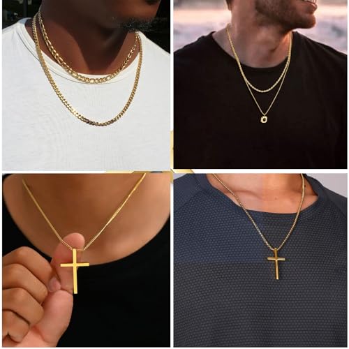 Stackable Gold/Silver Chain for Men, 6/7 Pcs Stainless Steel Cross Chain Mens Necklace Jewelry Set for Men, 5/6 Chains + 1 Cross Pendant