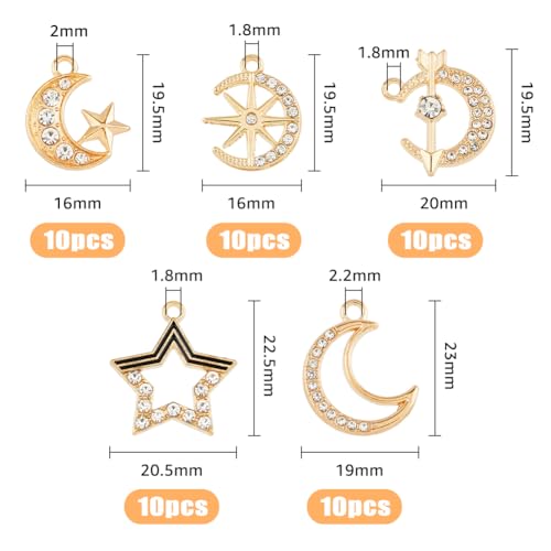 Brass 18k Gold Plated Charms Brass Pave Cubic Zirconia Charms Real 18k Gold Plated Charm Assorted Crystal Sun Star Moon Charm for Bracelet Earring Jewelry Making - size: 19.5mm