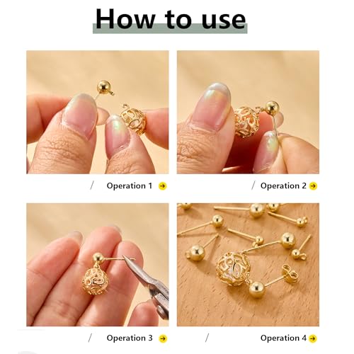 Gold Earrings Post for Jewelry Making, 12Pcs 3/4/5mm 925 Sterling Silver Earrings Ball Studs with Loop, Hypoallergenic Gold Ear Findings Butterfly Backs Supplies Set Studs Posts for Earrings Making - color: Ball_Gold