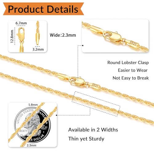 Italian Solid 14K Gold Plated 925 Sterling Silver Chain Necklace for Women, 1.5mm & 2.5mm Dainty Non Tarnish & Hypoallergenic Rope Chain Women's Chain Necklaces 16 18 20 22 24 26 Inch - color: 2.5mm 14K Gold Plated, size: 20 Inch (Men's Average Length)