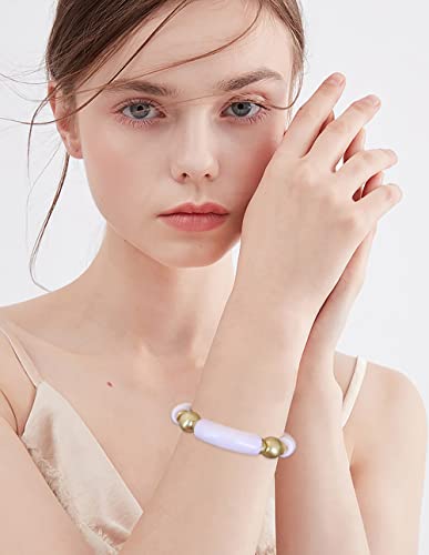 LALAPPLE Gold Plated Beaded Acrylic Bamboo Tube Bangle Bracelets for Women, Colorful Chunky Curved Tube With Gold Plated Pieces Beads Stretch Bracelet Friendship Summer Beach Jewelry - color: L-Pink