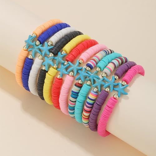 12pcs Friendship Bracelets Beaded Bracelets Heishi Bracelet Cute Bracelets Stack Vinyl Clay Disc Bead Surfer Stretch Summer Beach Bracelets For Women Preppy Bracelets - color: Q