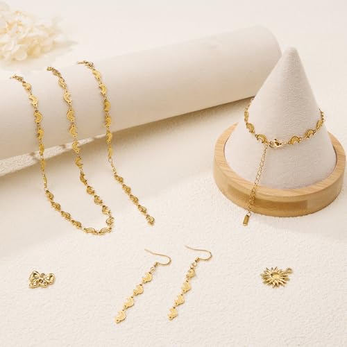 KYUNHOO 13FT/4M Stainless Steel Gold Jewelry Chain Roll on Bulk Embossed Moon Link Chains for Jewelry Making with Clasps and Jump Rings - color: Moon Gold