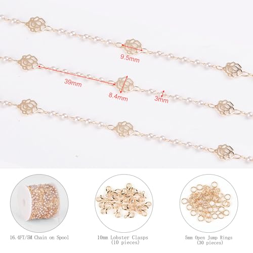 KYUNHOO 16.4 Feet 3MM Faux Pearl Bead Chain for Jewelry Making Rose Flower Link Brass Cable Chains Bulk with Clasps for Handcraft DIY Finding Supplies - color: Flower Pearl