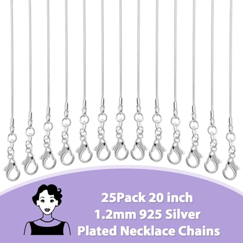 PAXCOO 25 Pack Chains for Jewelry Making, Necklace Chains Bulk Silver Plated Snake Chains for Necklace Jewelry Making, 1.2 mm - size: 20 Inches