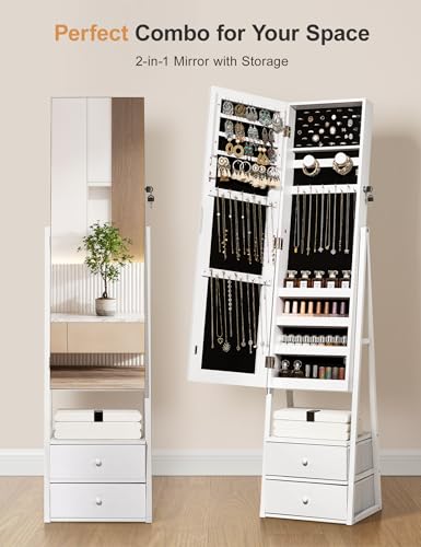Nicetree Jewelry Cabinet Armoire with 2 Drawers, Lockable Standing Mirror Jewelry Cabinet, Full Length Mirror with Jewelry Storage, Gift Idea, White - color: White