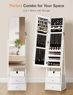 Nicetree Jewelry Cabinet Armoire with 2 Drawers, Lockable Standing Mirror Jewelry Cabinet, Full Length Mirror with Jewelry Storage, Gift Idea, White - color: White